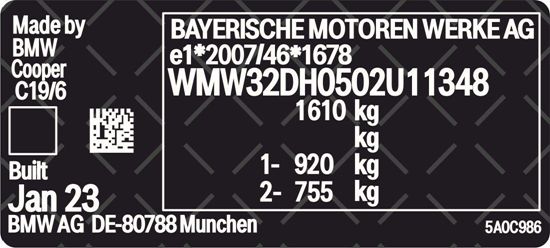 Mini F55 F56 F57 F60 Countryman VIN Decal / Sticker